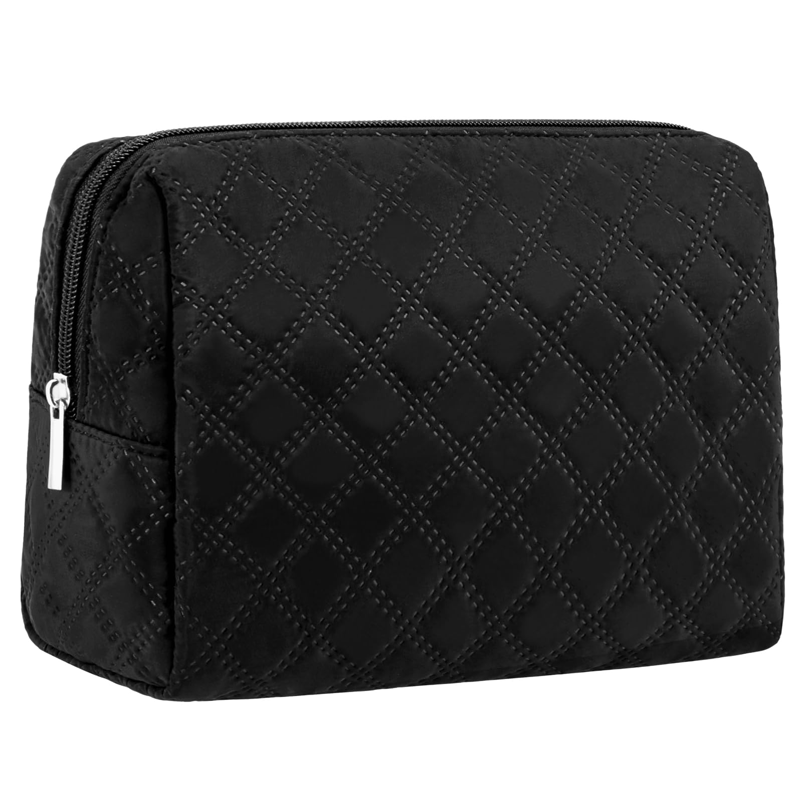 MarvoliaLarge Makeup Bag for Purse - Travel Cute Cosmetic Bag for Women Quilted Makeup Organizer Zipper Pouch for Travel Essentials - Black(Large)