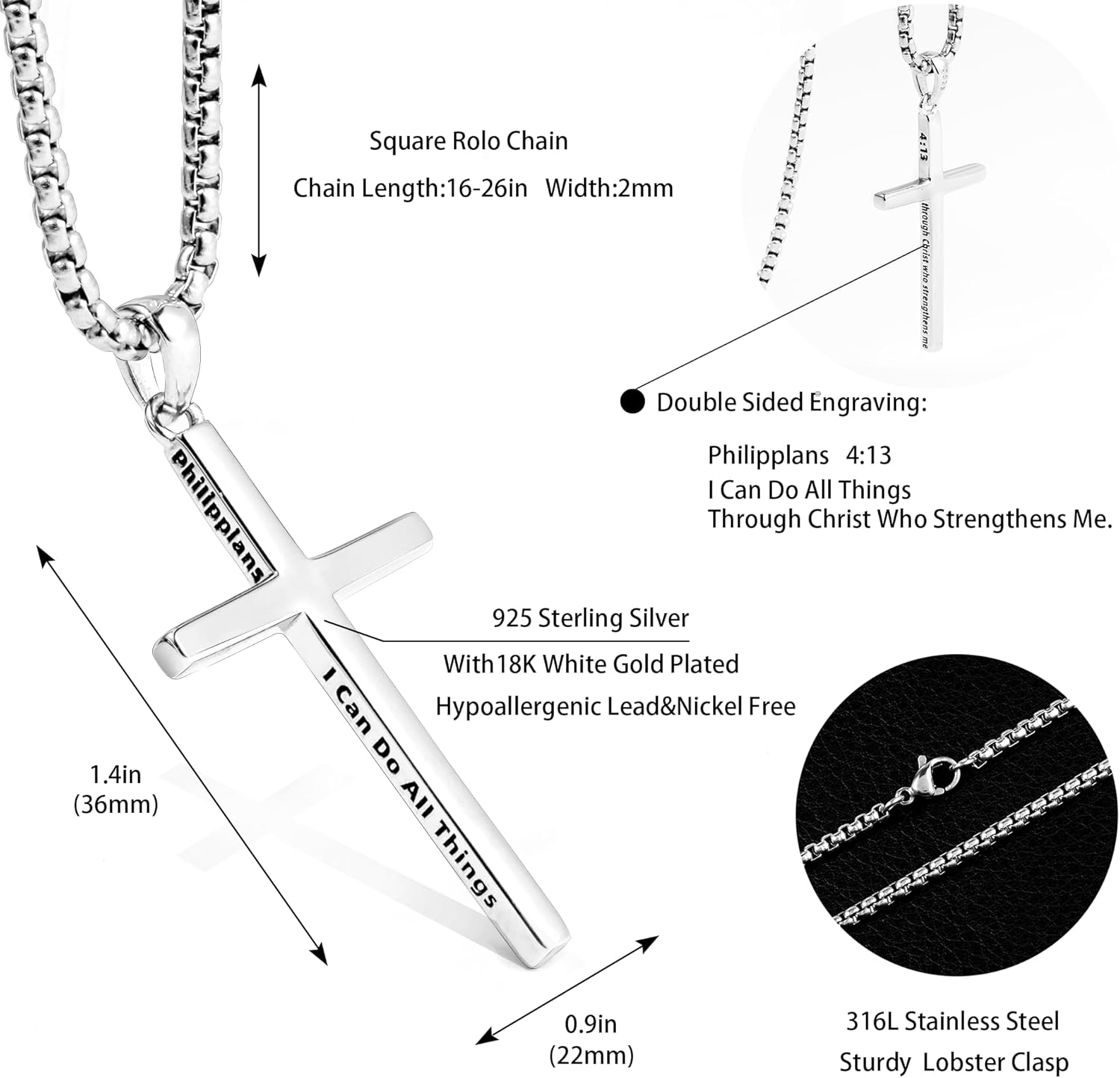 Sterling Silver Cross Necklace for Men Women 18K Gold Plated Bible Verse Dainty Cross Necklace 2mm Stainless Steel Square Rolo Chain S925 Crucifix Pendant Necklace Faith Jewelry Present 16-26 Inches - Image 6