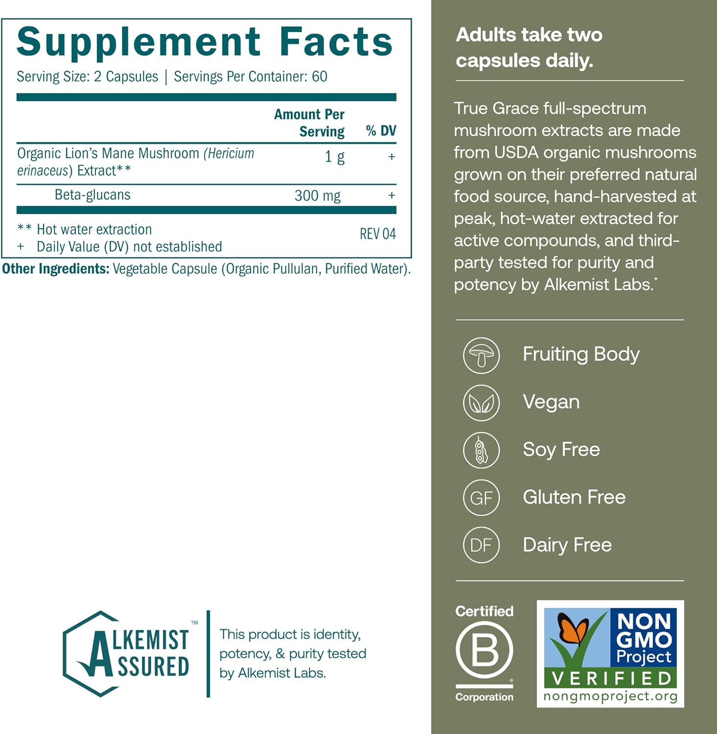 True Grace Mushroom Lion's Mane Brain, Nerve & Cognitive Support - 120 Count Capsules - Organic