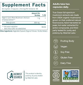 True Grace Mushroom Lion's Mane Brain, Nerve & Cognitive Support - 120 Count Capsules - Organic