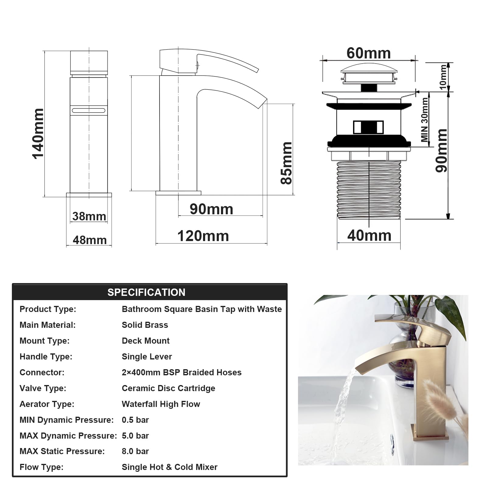 322X Mitigeur Lavabo Salle de Bain, Robinets d'évier en forme de cascade carrés avec bonde pop-up en laiton monobloc avec bouchon d'évier (or, petit)