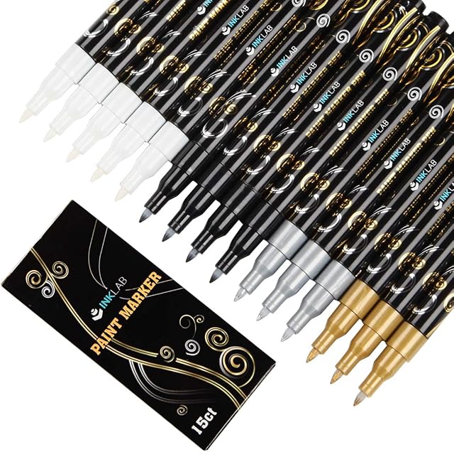 INK LAB Black Acrylic Paint Pens White Paint Markers Metallic for Rock Fabric Wood Glass Canvas Ceramic, 5 White 4 Black 3 Gold & 3 Silver, Extra Fine Tip