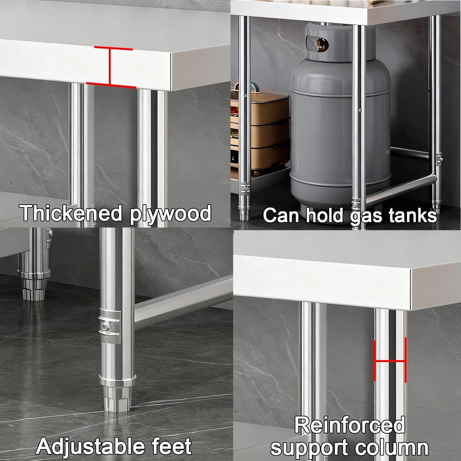 Stainless Steel Workbench Adjustable Legs Thickened Plywood Countertop Brushed Finish Kitchen Work Table Reinforced Support Columns Ample Storage Space Prep Tables