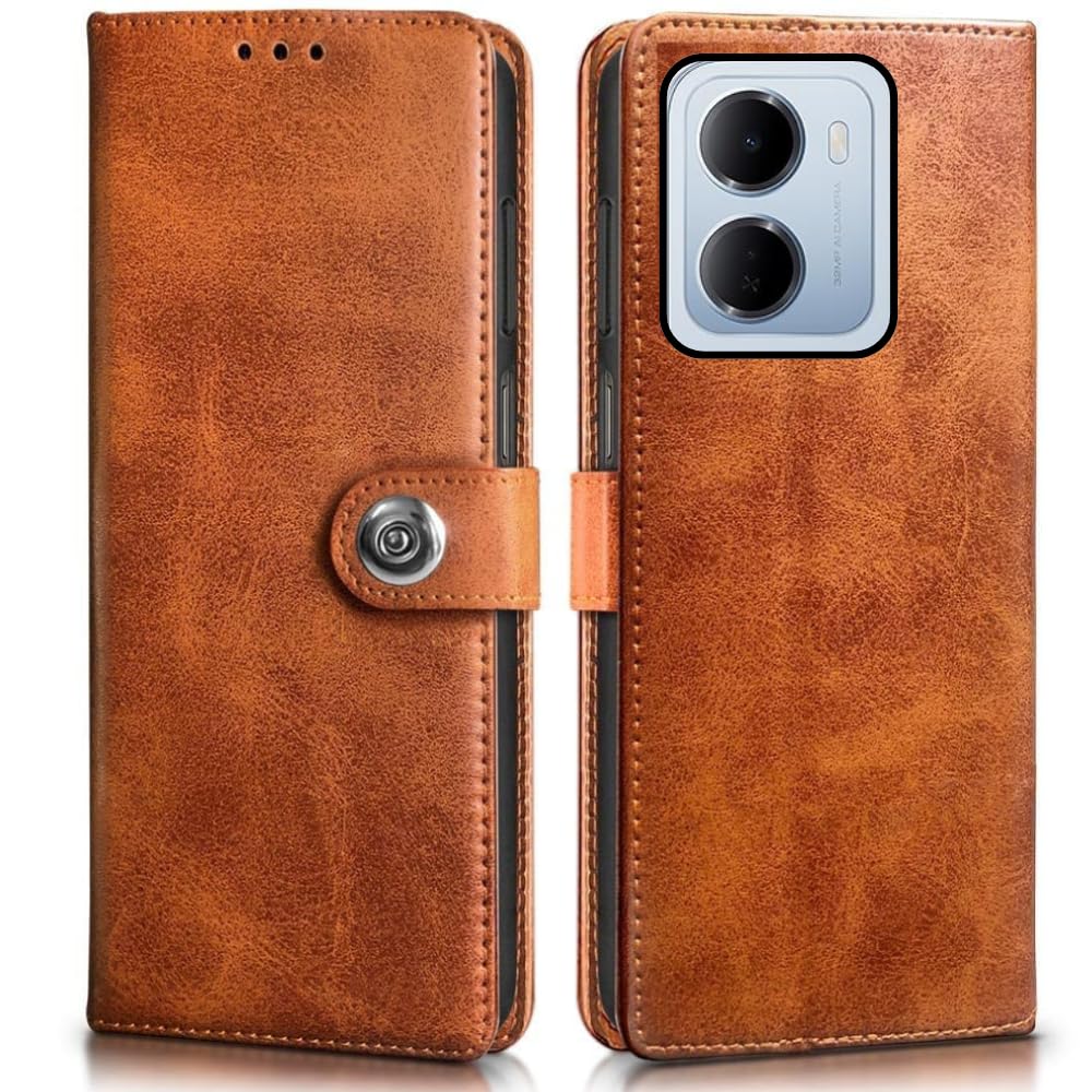 Leather Flip Case Cover Compatible with Back case Cover for Redmi 15A 5G |Designer Button| Hand-Stitched Leather Finish| Lightweight| Inbuilt Card Pockets|(Brown)