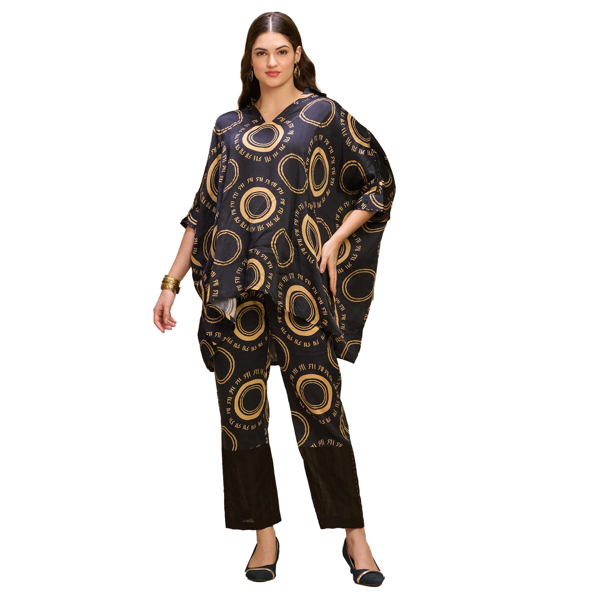black and golden maa print embellished kaftan top and straight trouser set