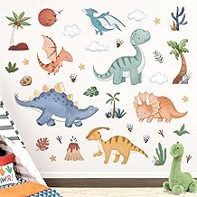 decalmile Boho Baby Dinosaurs Wall Decals Dino Palm Tree Volcano Wall Stickers Boys Bedroom Toddler Room Baby Nursery Wall Decor