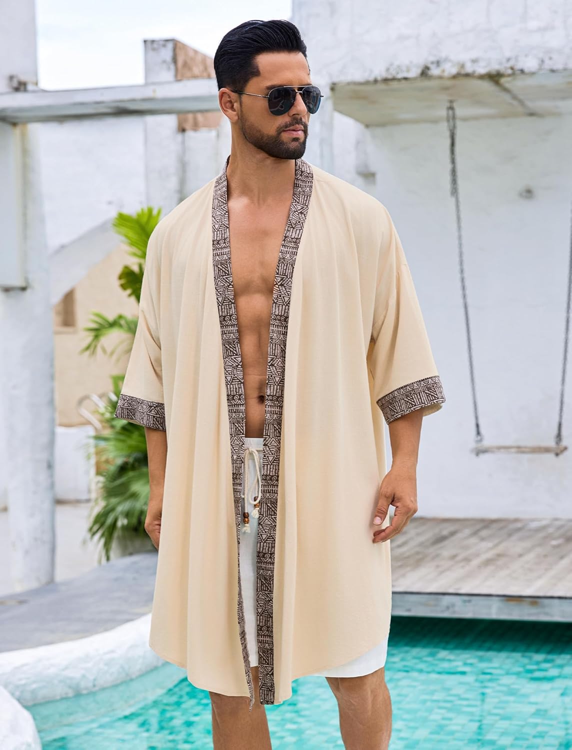 ODIZLI Men's Kimono Cardigan Open Front- Geometric Trim Lightweight Boho Robe for Beach Pool Spa Vacation