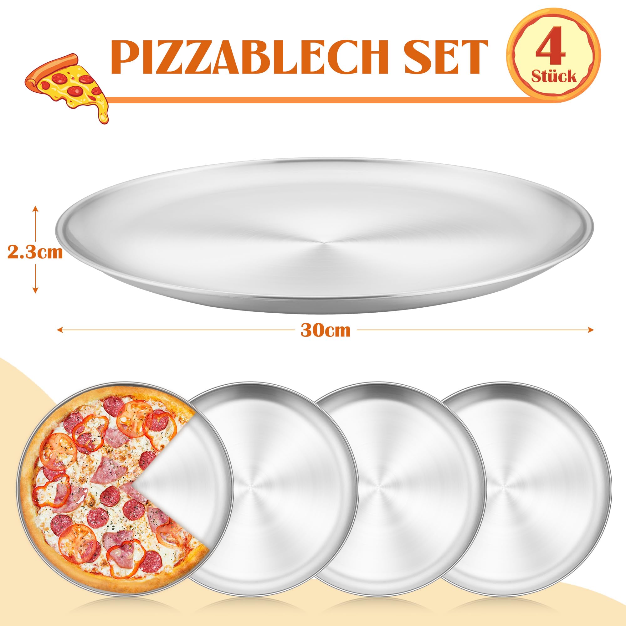 HaWare Set di 4 teglie per pizza rotonde in acciaio inox, 30 cm, per cuocere in forno, sane e durevoli, facili da pulire e lavabili in lavastoviglie