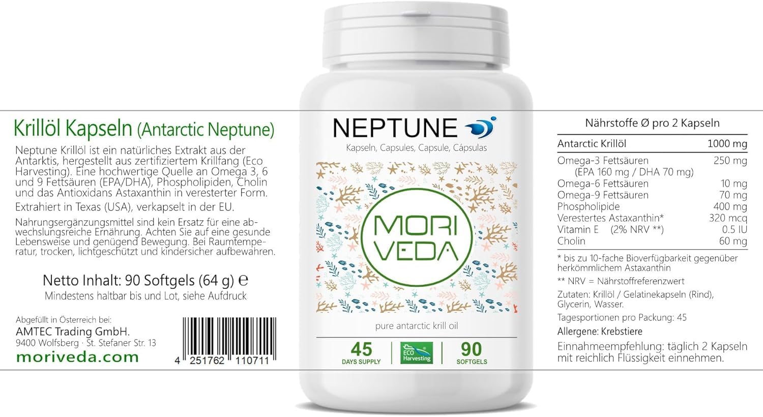 Moriveda NEPTUNE Krillöl Kapseln, 135-Tage-Vorrat, mit Omega-3 6 9 (EPA/DHA), Antioxidantien, Vitamin E & Cholin, MSC-zertifiziert & nachhaltig, 3 x 90 Softgels
