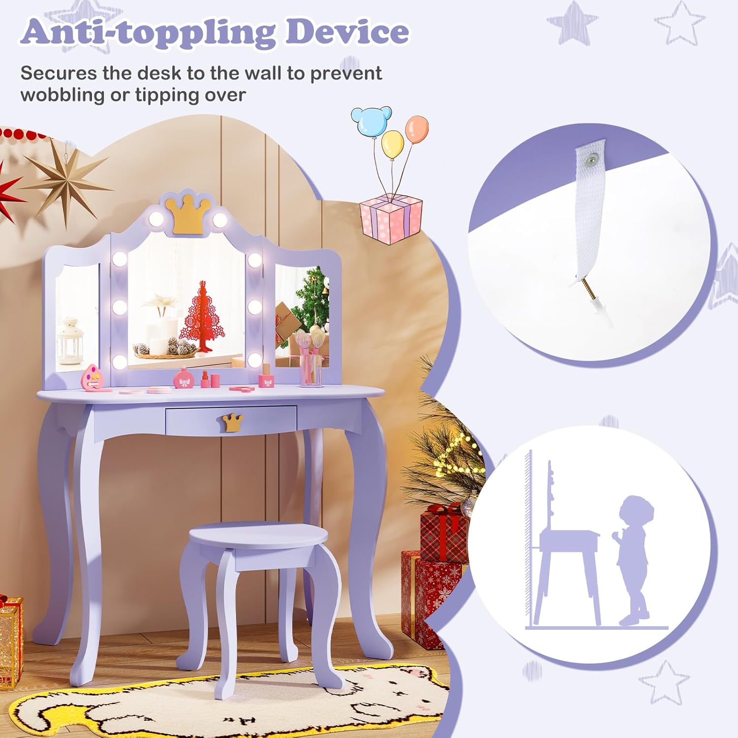KOTEK Kids Vanity with Lights, Crown Girls Vanity Set w/Tri-Folding Mirror, Detachable Top, Stool & Drawer, Wooden Toddler Makeup Dressing Table, Kids Vanity Table and Chair Set (Violet)