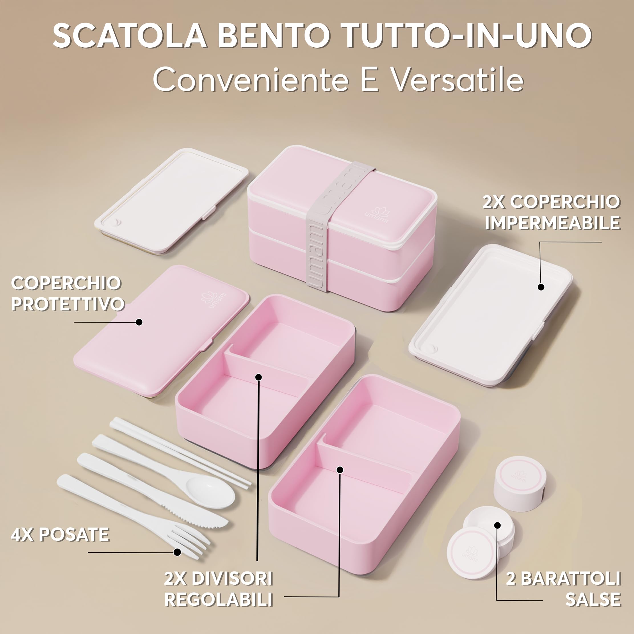 Umami Porta Pranzo Lunch Box Ermetico 4 Scomparti e Posate, Sicuro per Microonde, Lavastoviglie, Portapranzo Ufficio Bento Lunchbox Prova di Perdite per Adulti, Schiscetta Pranzo, Rosa Kawaii, 1200 ml