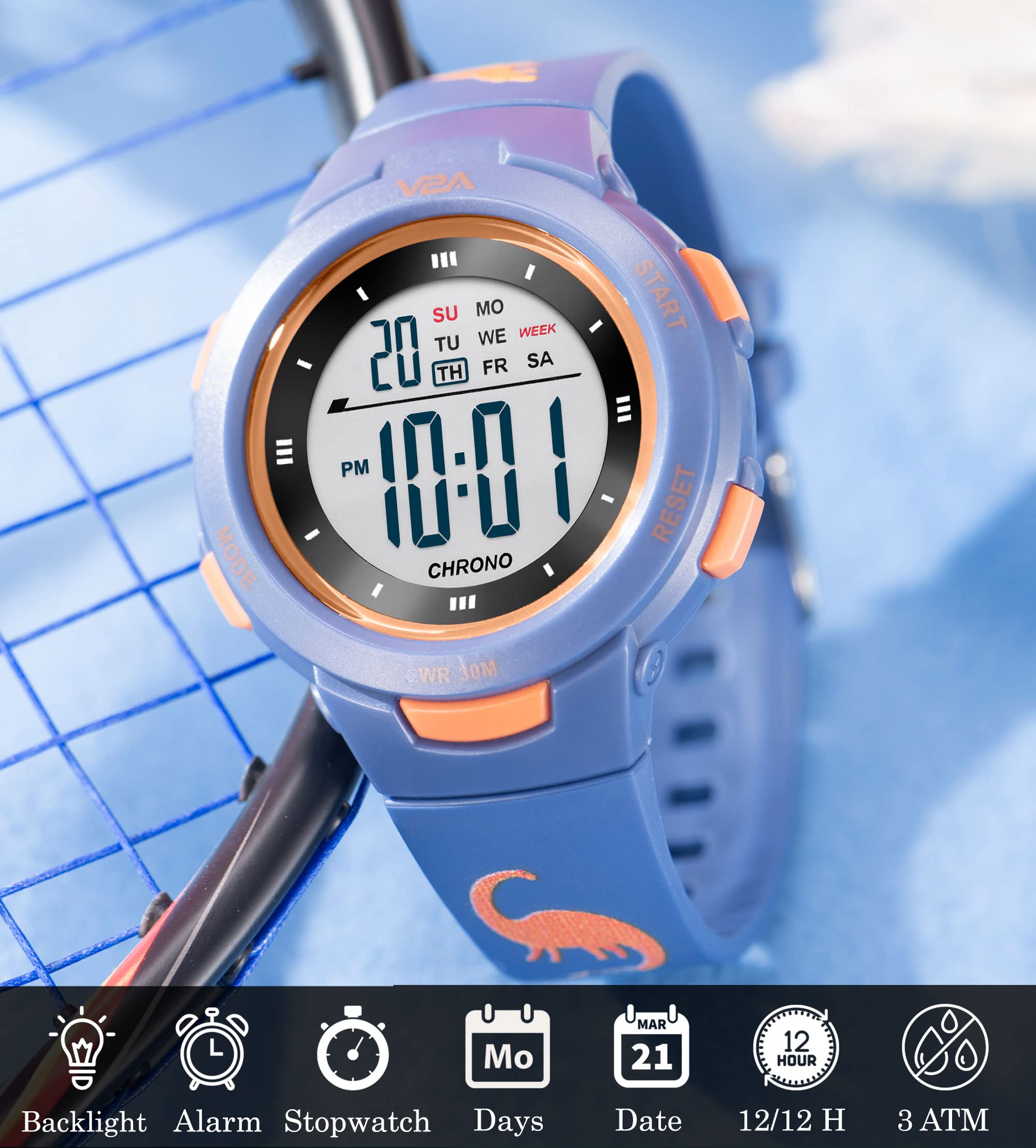 V2A Plastic Boys Dinosaur Kids Watch - Digital Cartoon Printed Band Waterproof Watch,Gifts for Boys Age 5-13 (Blue Colored Dial and Band)