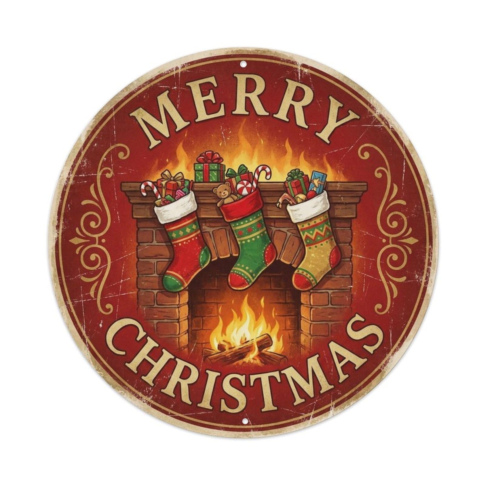 Merry Christmas Stocking Fireplace Metal Tin Sign