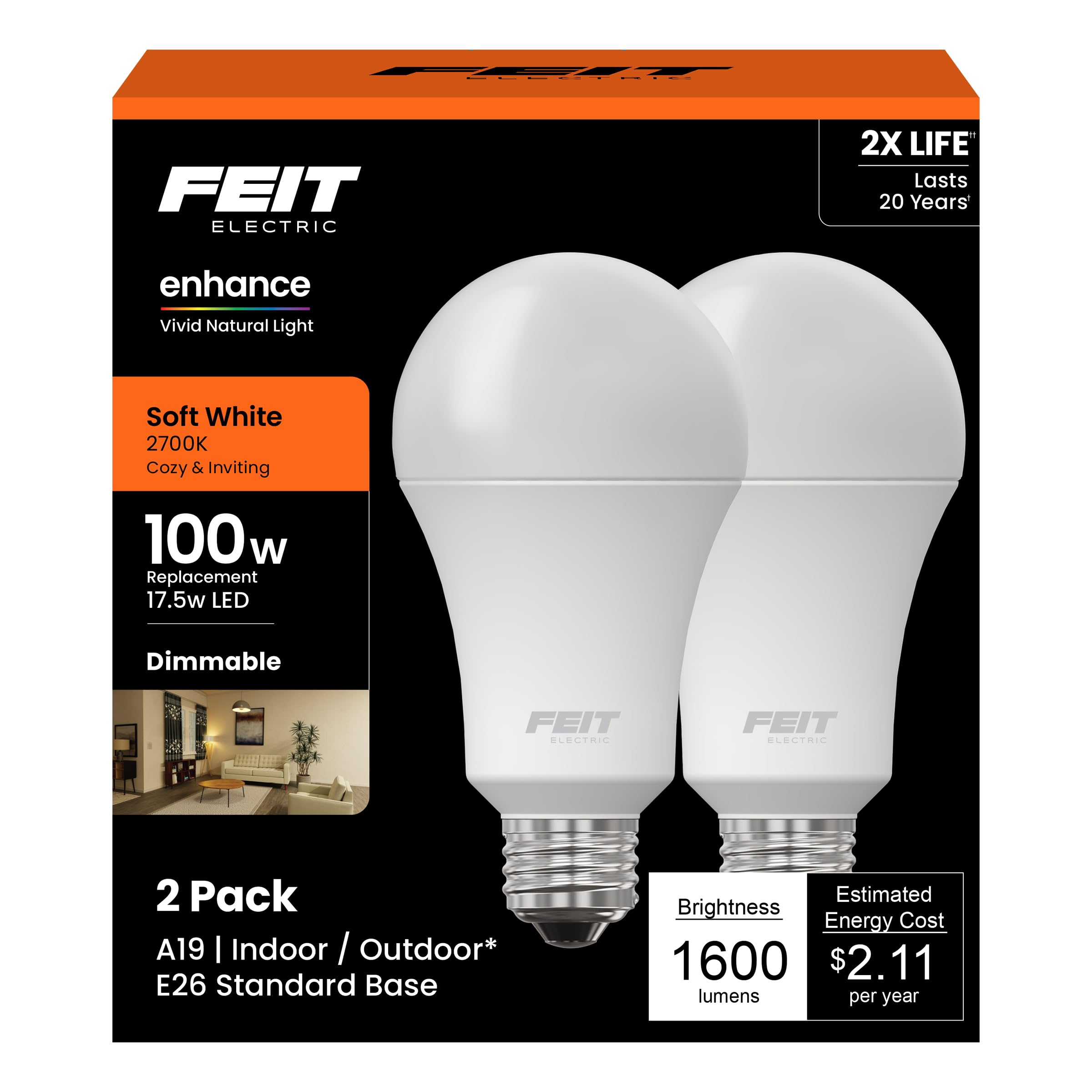 Feit Electric A19 LED Light Bulb, 100W Equivalent, Dimmable, E26 Base, CRI 90, 1600 Lumens, 2700K Soft White, General Purpose Light Bulb, 22-Year Lifetime, OM100DM/927CA/2, 2 Pack