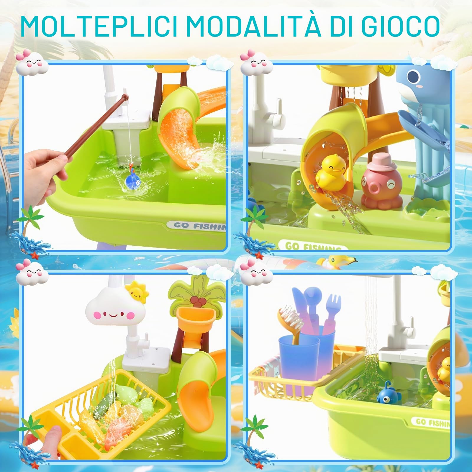 deAO Lavandino Giocattolo Bambini 4 in 1 con Rubinetto Funzionante, 3+ Anni | Tavolo Acqua/Sabbia, Cucina, Pesca, BPA-Free, per Interno/Esterno, Giardino, Spiaggia, Gioco Educativo, Regali per Bambini