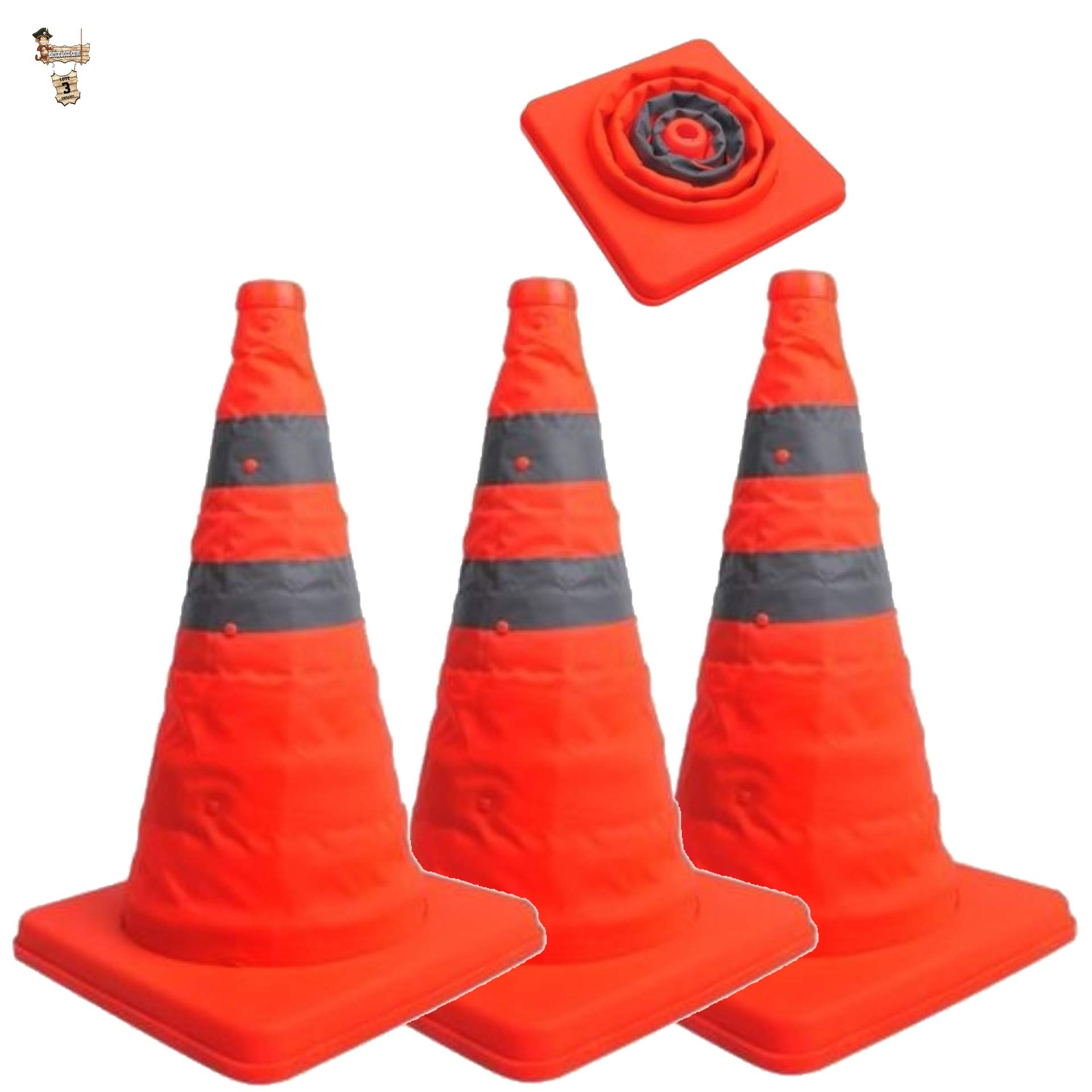BricoLoco Lote 3 uds Cono señalización carretera plegable 60 cm 2 bandas reflectantes, naranja. Seguridad o balizamiento en carretera tráfico, entrenamiento, obra. Fluorescente y reflectante