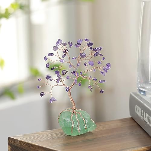 Miniatura 3 de rockcloud Árbol de dinero de cristal con base irregular de racimo de fluorita cruda, árbol bonsái de la suerte de alambre de cobre para decoración