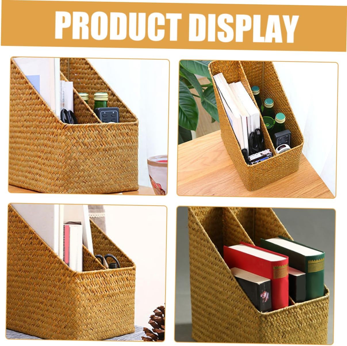 Cabilock Boho Style Woven Document Storage Basket under Desk Organizer Straw Magazine Rack for Office File Holder Dividers