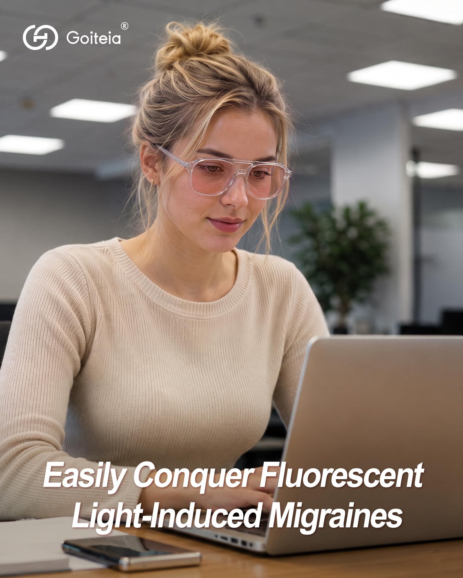 Goiteia FL-Rose - Gafas fotocromáticas antimigraña, protección contra la sensibilidad a la luz, deslumbramiento fluorescente y LED, fotofobia, pantalla de computadora,Bisagras de resorte