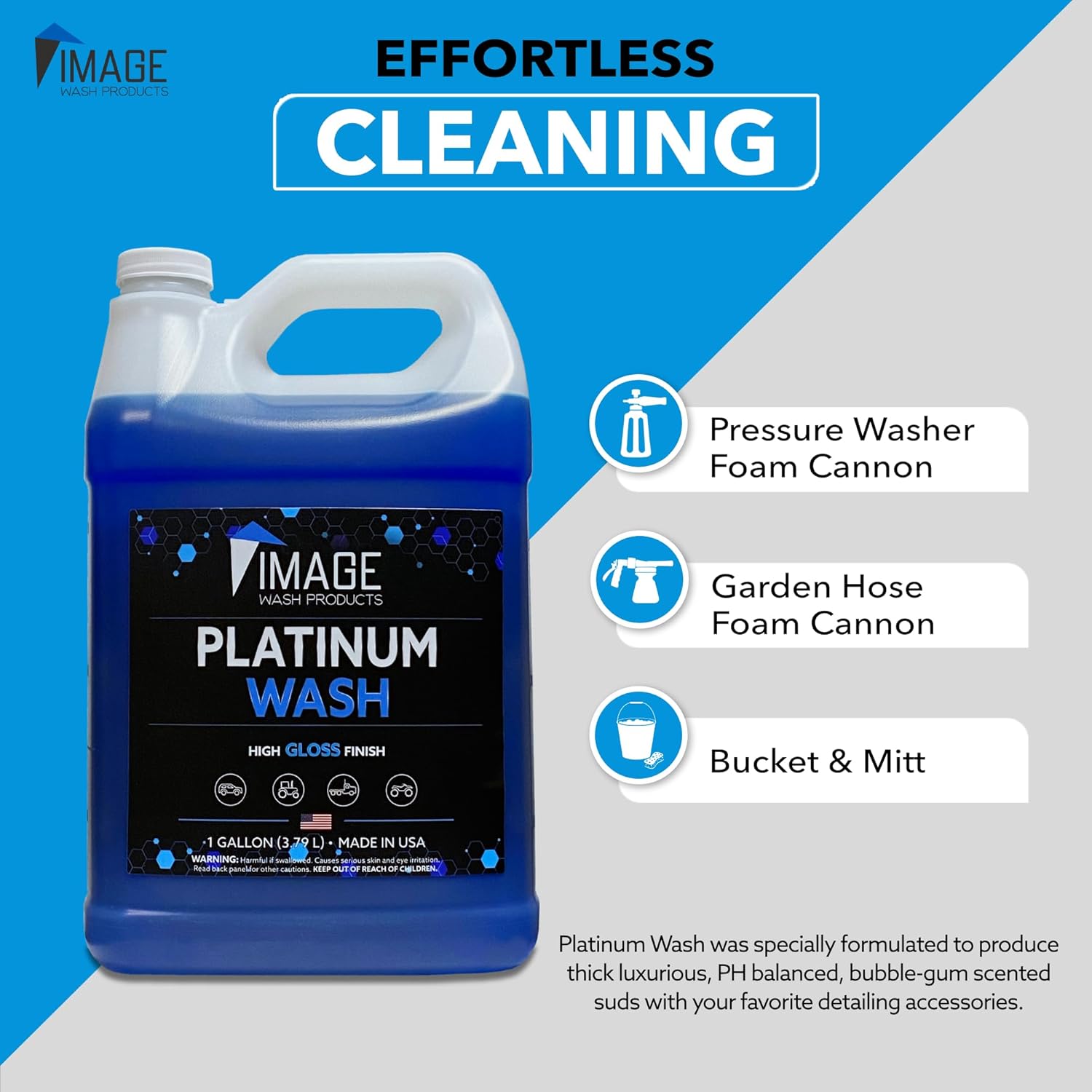 Image Wash (1-Gallon Platinum Wash Car Soap Concentrated pH-Neutral Foam Soap for Foam Cannon & Bucket wipe Safe for Wax Ceramic Coatings High Lubricity Biodegradable Formula with Bubble Gum Scent