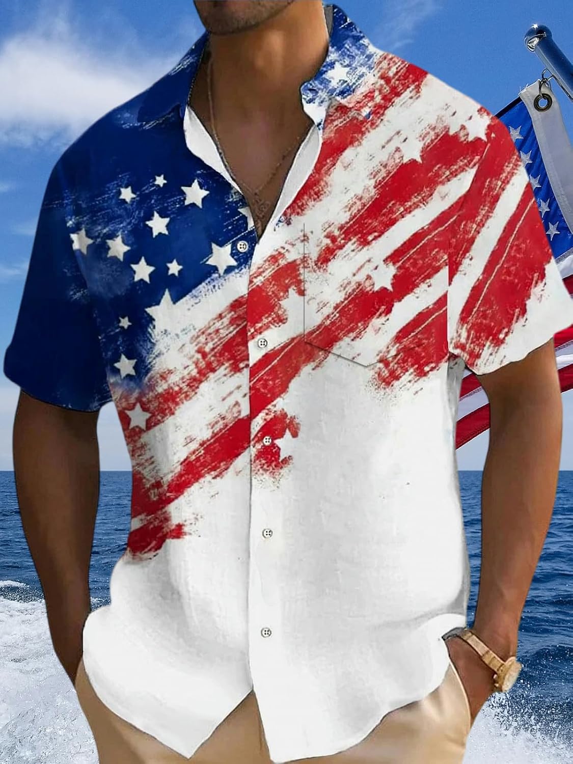 Mens Patriotic 4th of July Shirts Vintage Short Sleeve American Flag Print Hawaiian Bowling Casual Button Down Shirt