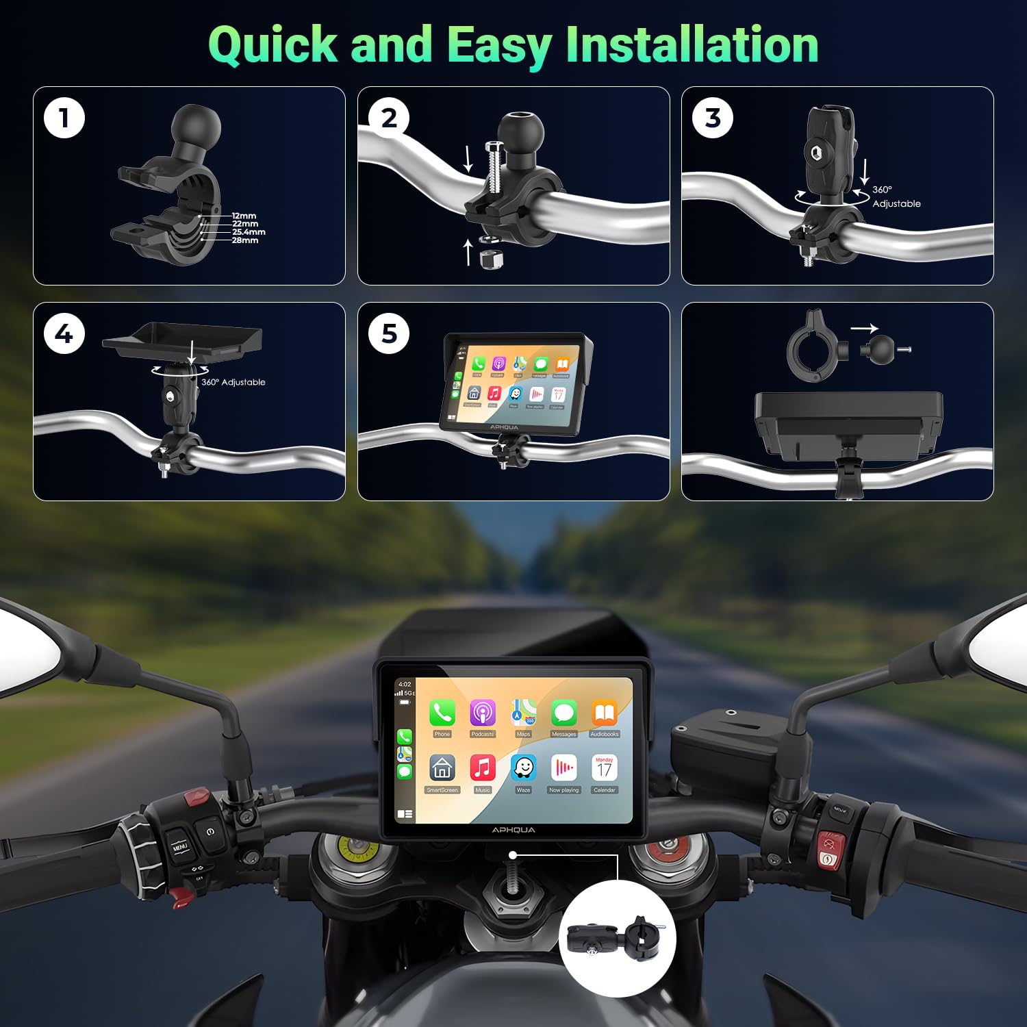 522 CarPlay Moto Pantalla Táctil Impermeable de 5 Pulgadas, CarPlay y Android Auto Inalámbricos, Bluetooth, Navegación GPS, Siri y Asistente de G00gle