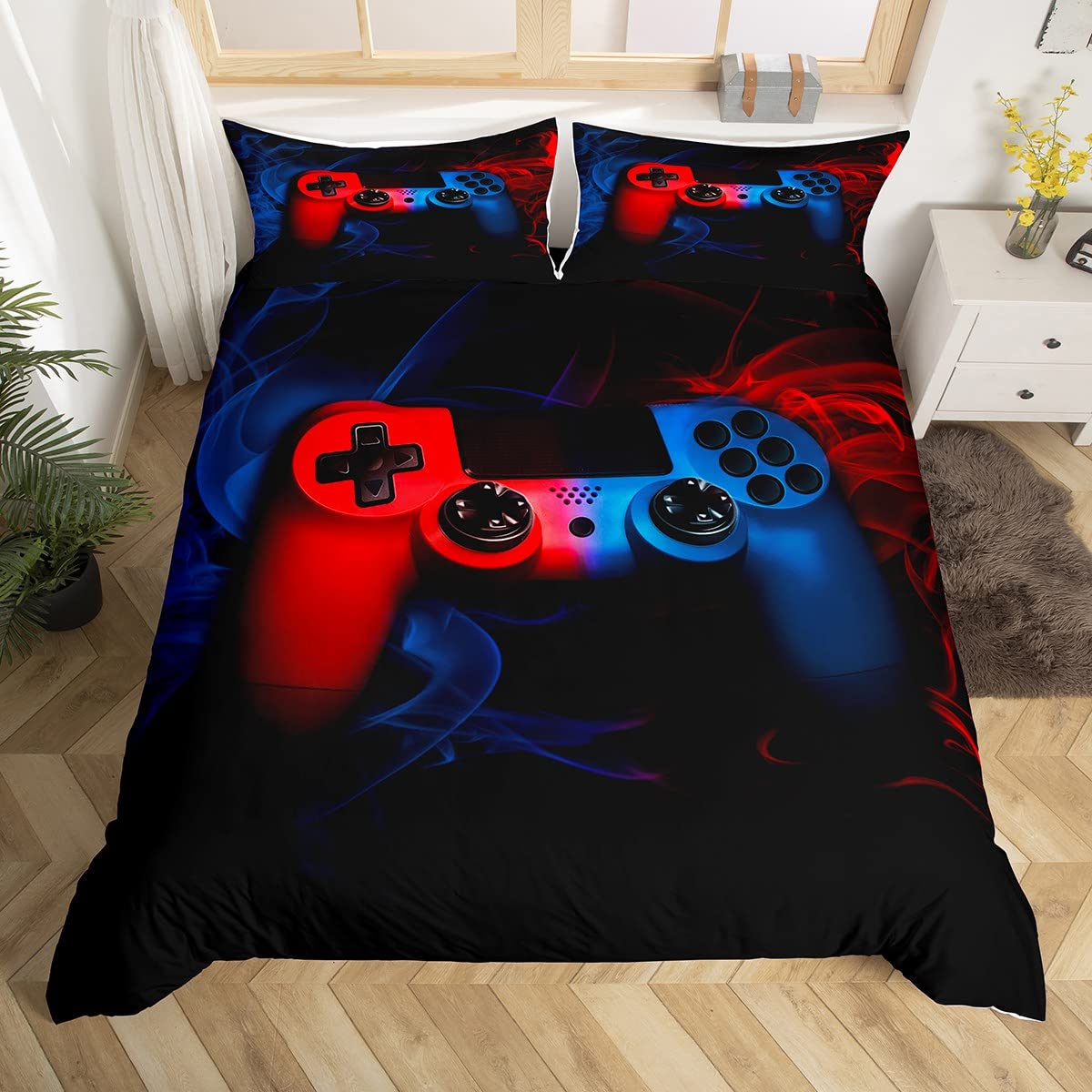 Juego de ropa de cama para juegos, juego de ropa de cama de videojuegos rojo y azul, juego de ropa de cama para niños, adolescentes, juego de funda de edredón con 1 funda de edredón, 2 fundas de almo