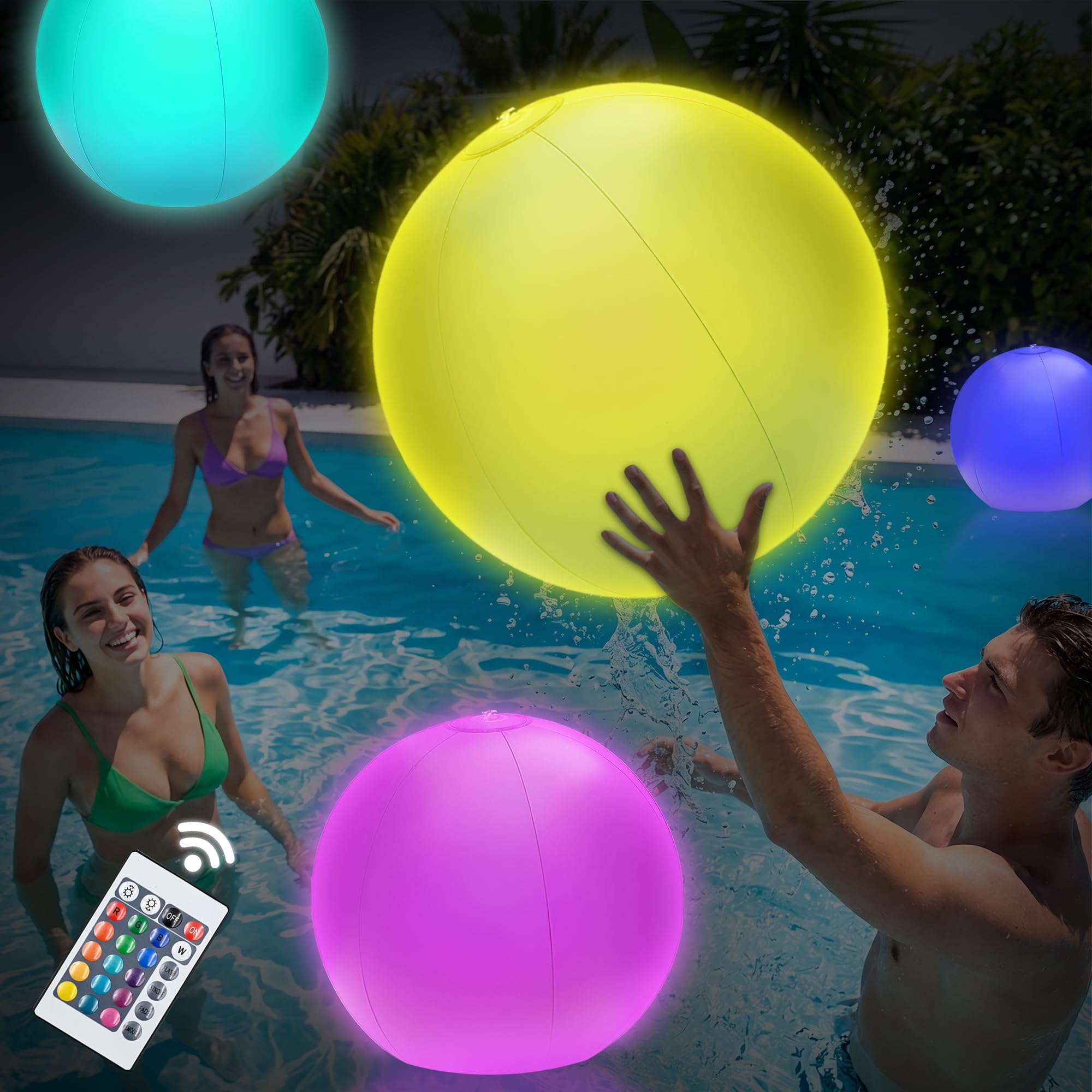 JOY SPOT! 4 Stück LED Aufblasbarer Wasserball, 30.5cm Schwimmende Poolbeleuchtung, Poolball mit 16 Farben Lichter & 4 Lichtmodi für Strand Garten Pool Party Kinder