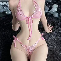 Conjunto de lingerie de renda feminina, sutiã frente única e tanga com tiras, bordado floral transparente para noites íntimas, encontros românticos
