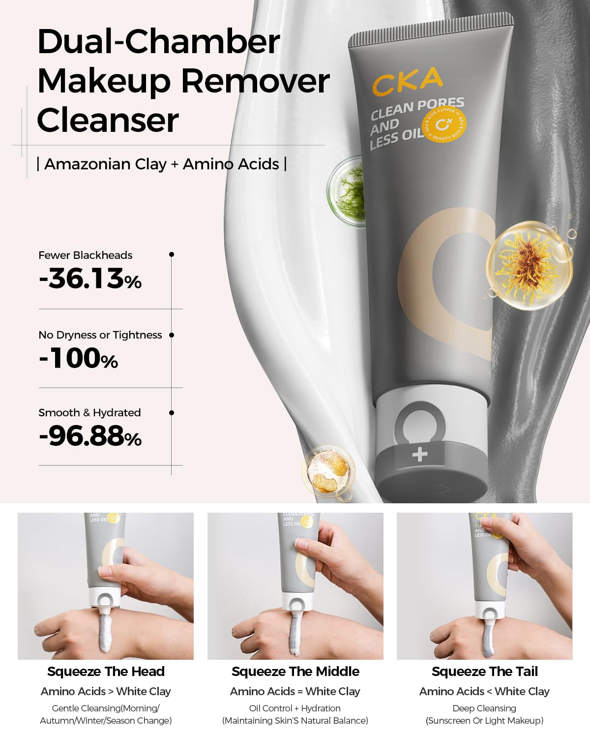 CKA Deep Pore Facial Cleanser with Oil Control, Face Wash 4 in 1 Dual-Tube, Minimizes Blackhead with Amino Acid, Daily Foaming Facial Cleanser for Oily/Sensitive Skin Care - Image 7