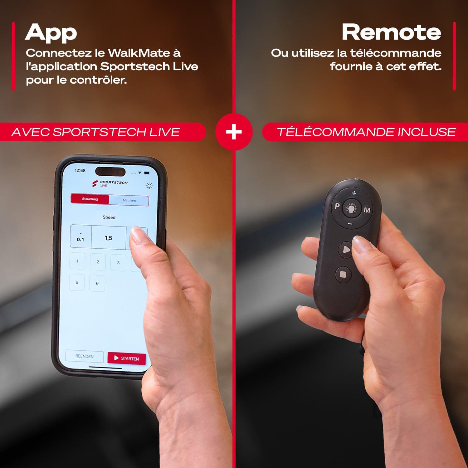 Sportstech Walking Pad Jusqu’à 6 km/h – Inclinaison Manuelle Jusqu’à 5 %, télécommande et Commande Via appli, écran LCD, podomètre, léger et Compact, roulettes de Transport, WalkMate Jusqu’à 120 kg