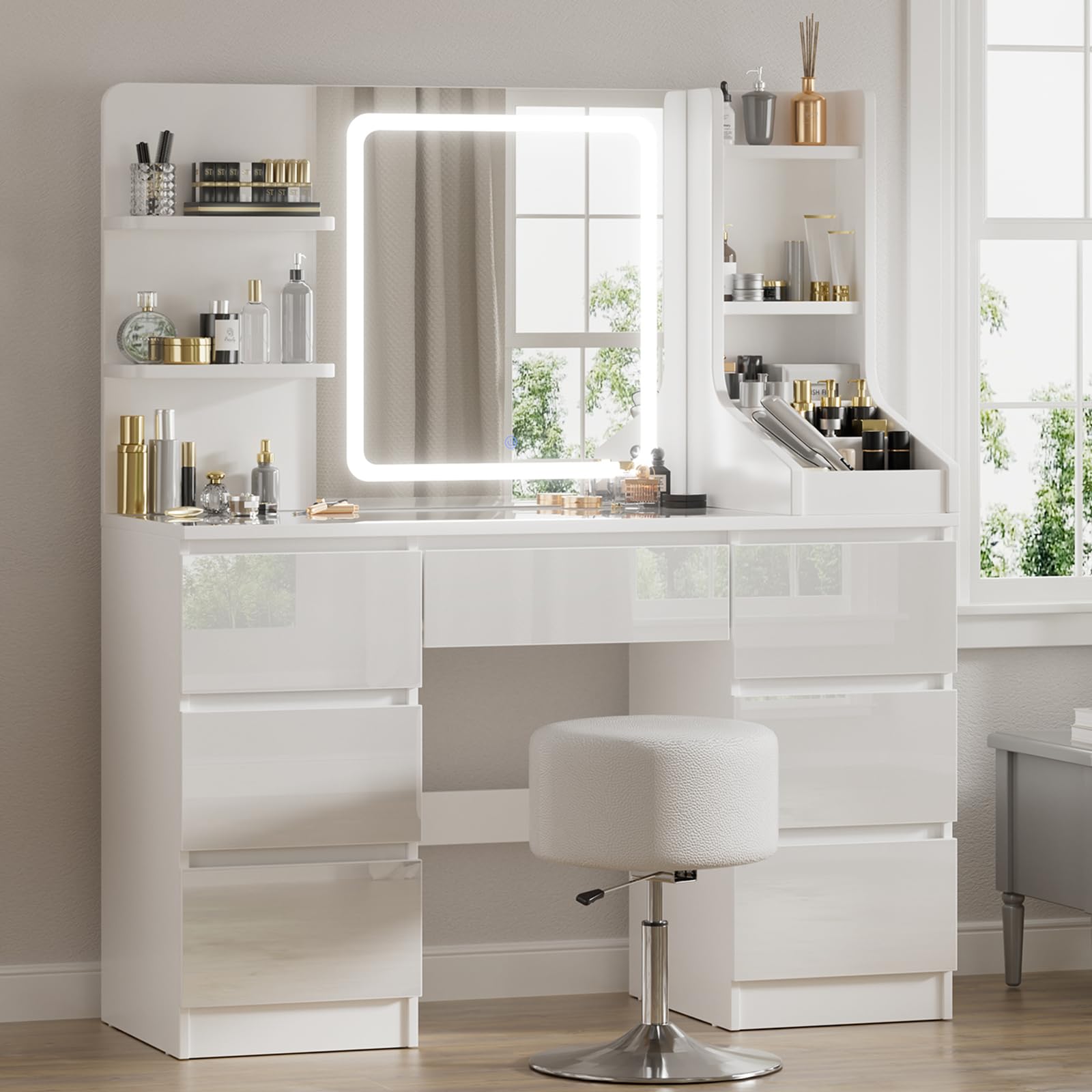 TRIUMPHKEY Toeletta da Trucco con Luci LED,Postazione Trucco,Toletta con Specchio,Tavolo da Trucco on 4 Ripiani,7 Cassetti e 3 Scomparti Aperti,Moderna (Bianco Lucido)