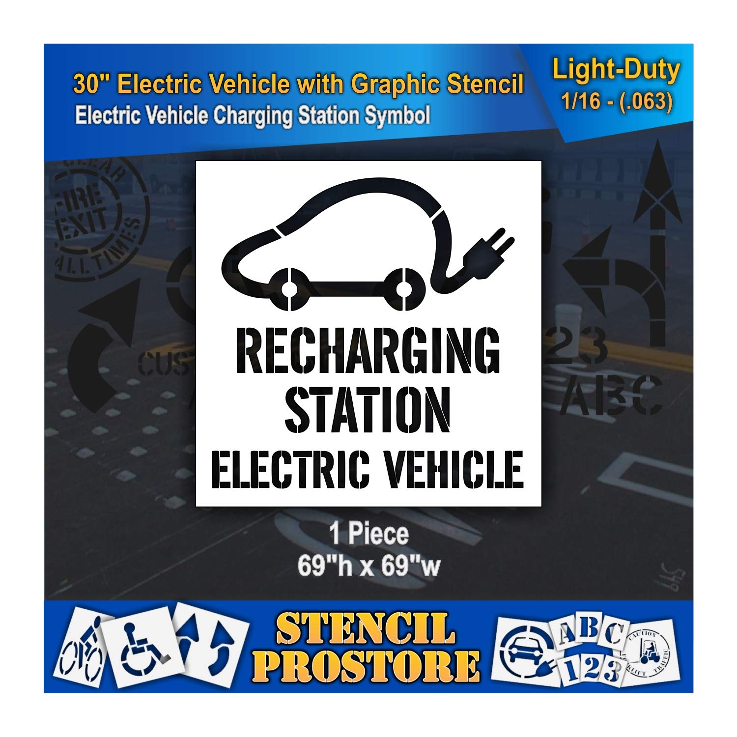 Pavement Stencils - 30 in - Electric Car Outline Plug with Recharging Station Electric Vehicle Words - 69'' x 69'' x 1/16" (63 mil) - Light-Duty