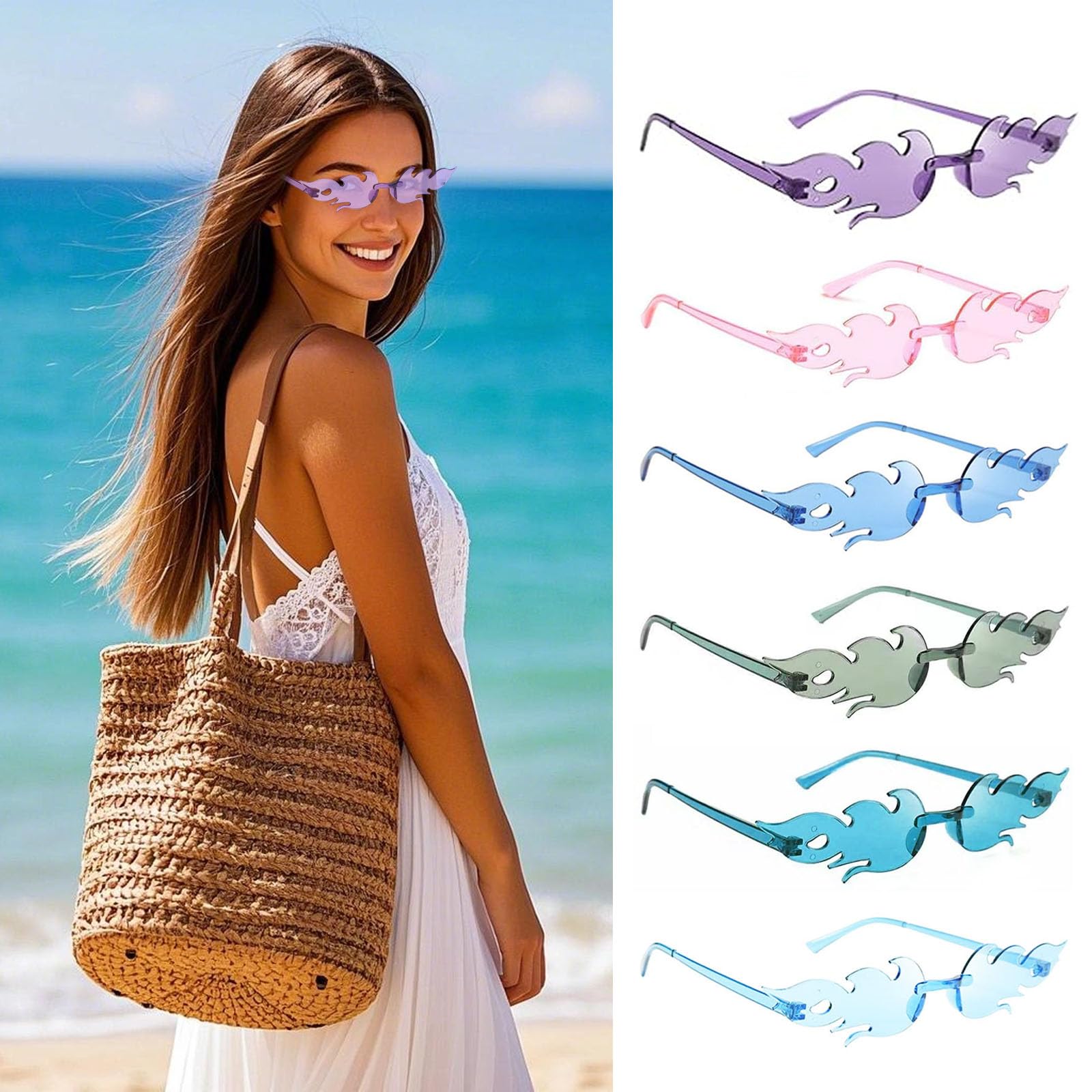 dogmoon Rimless Sunglasses, 12 Packs Flame Shape Glasses, Candy Color Sunglasses, Retro Sunglasses Party Glasses - Image 4