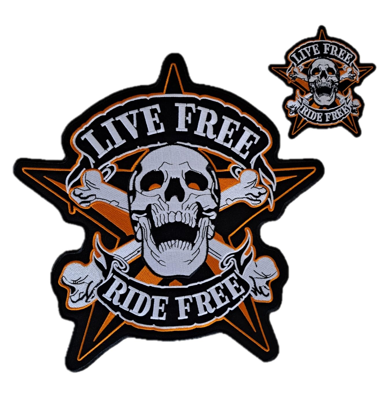 2 Aufnäher Totenkopf auf Stern "Live Free Ride Free" für Motorradjacke und Weste