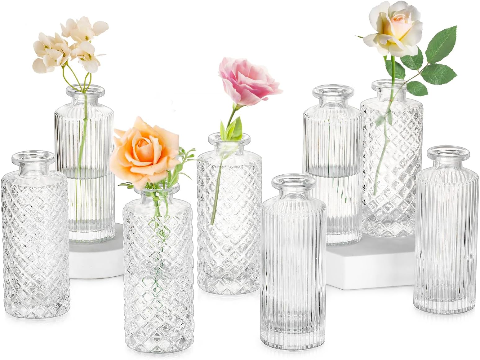 Glasseam Glass Bud Vases for Centerpieces: Clear Small Flower Vase Set of 8 Vintage Mini Vases for Flowers Crystal Decorative Bottle Wedding Table Centerpiece for Decor Home Living Room Decorations