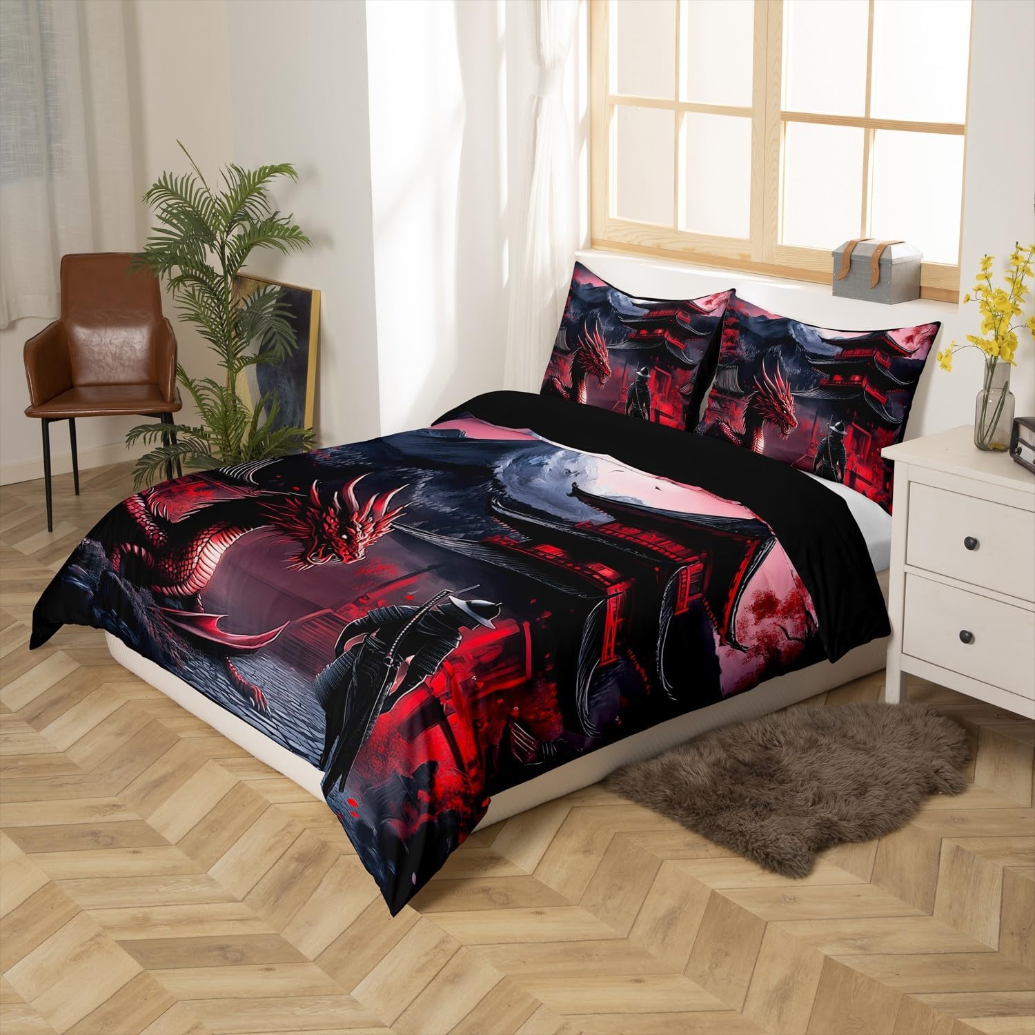 Feelyou Dragon Bedding Set Queen Size Kids Samurai Comforter Cover Set for Boys Japanese Style 3D Dragon Theme Anime Ancient Wildlife Duvet Cover Red Bedspread Cover Quilt Cover,No Comforter