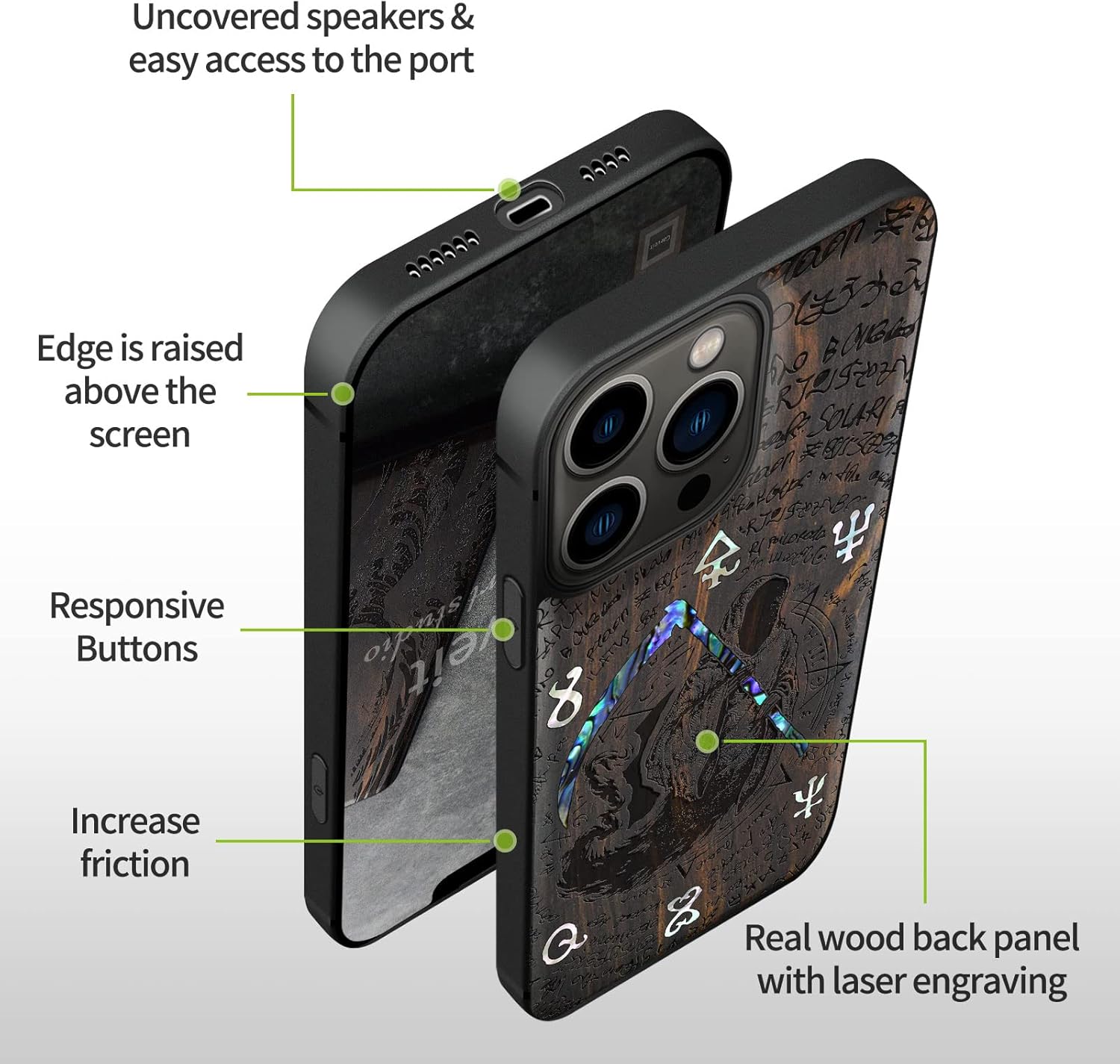 Carveit Designer Wooden Protective Case for iPhone 13 Pro Max Magnetic Cover [Wood Engraving & Shell Inlay] Compatible with 13 Pro Max MagSafe (Grim Reaper-Blackwood)