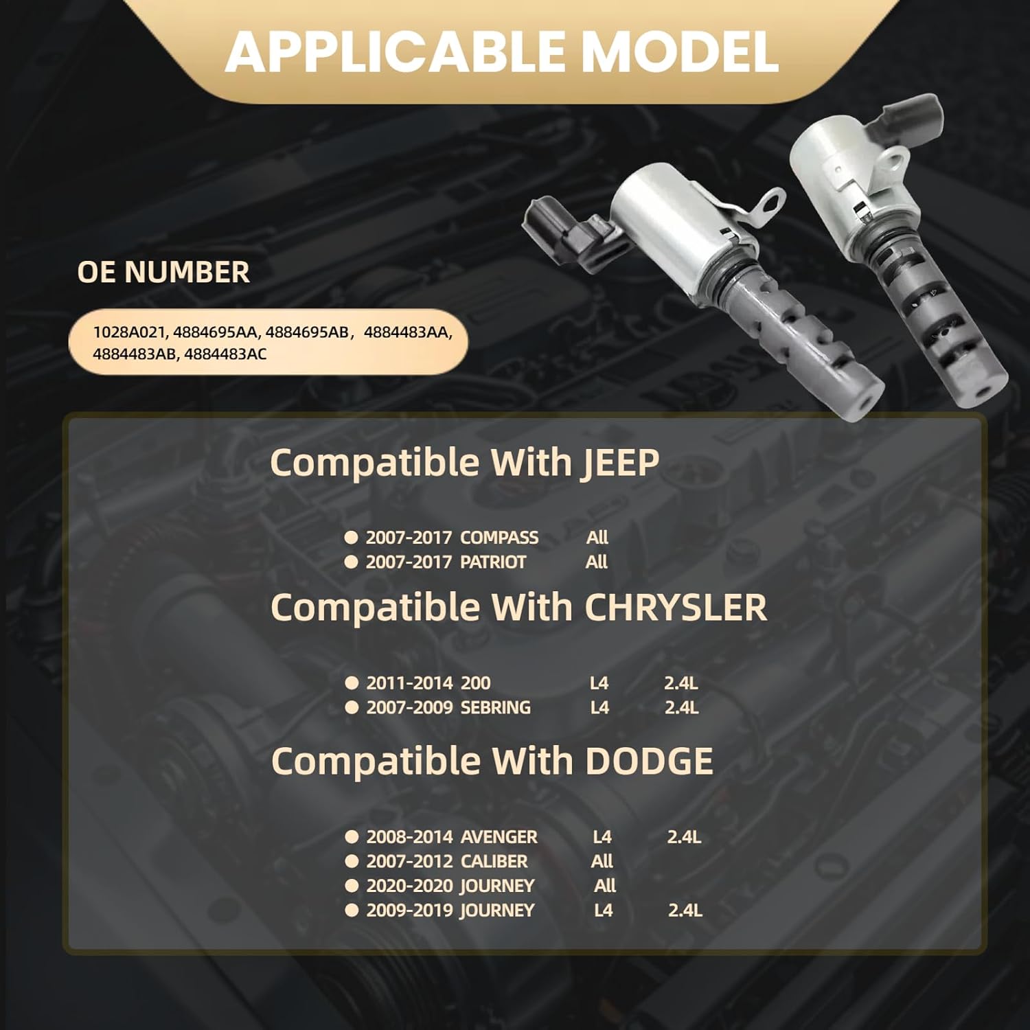 Engine Variable Valve Timing Solenoid VVT Intake Exhaust Compatible with 11-14 200 07-09 SEBRING 08-14 AVENGER 07-12 CALIBER 09-20 JOURNEY 07-17 COMPASS PATRIOT 2.4L 4884695AB 4884483AC 917290 917291