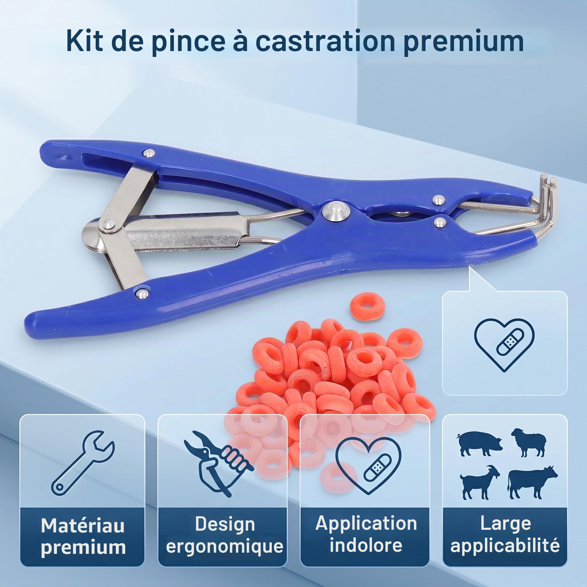 Pince Elastator pour Castration avec Applicateur et 100 Anneaux en Caoutchouc, Outil Vétérinaire Professionnel