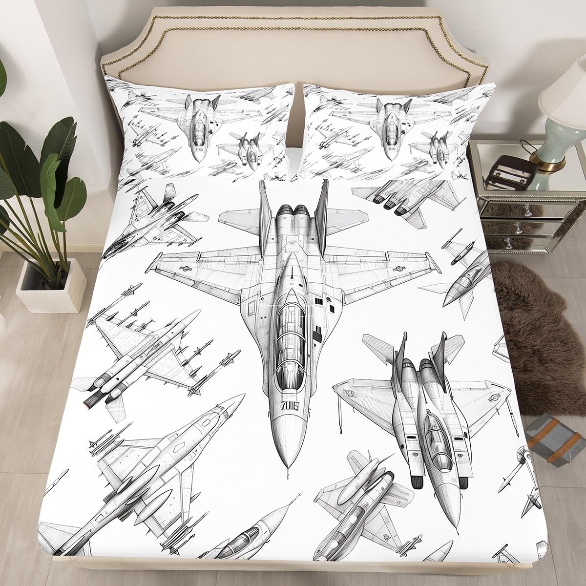 Aircraft Fitted Sheet Twin Size,Sketch 3D Airplane Bedding Set 2Pcs for Kids Boys Teens Men Room Decor,Black and White Airplane Print Bed Sheet Flying Games Theme Deep Pocket Sheet,1 Pillowcase