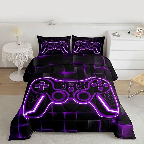 Feelyou Kids Gamer Comforter Set Queen Size Purple Black Bed