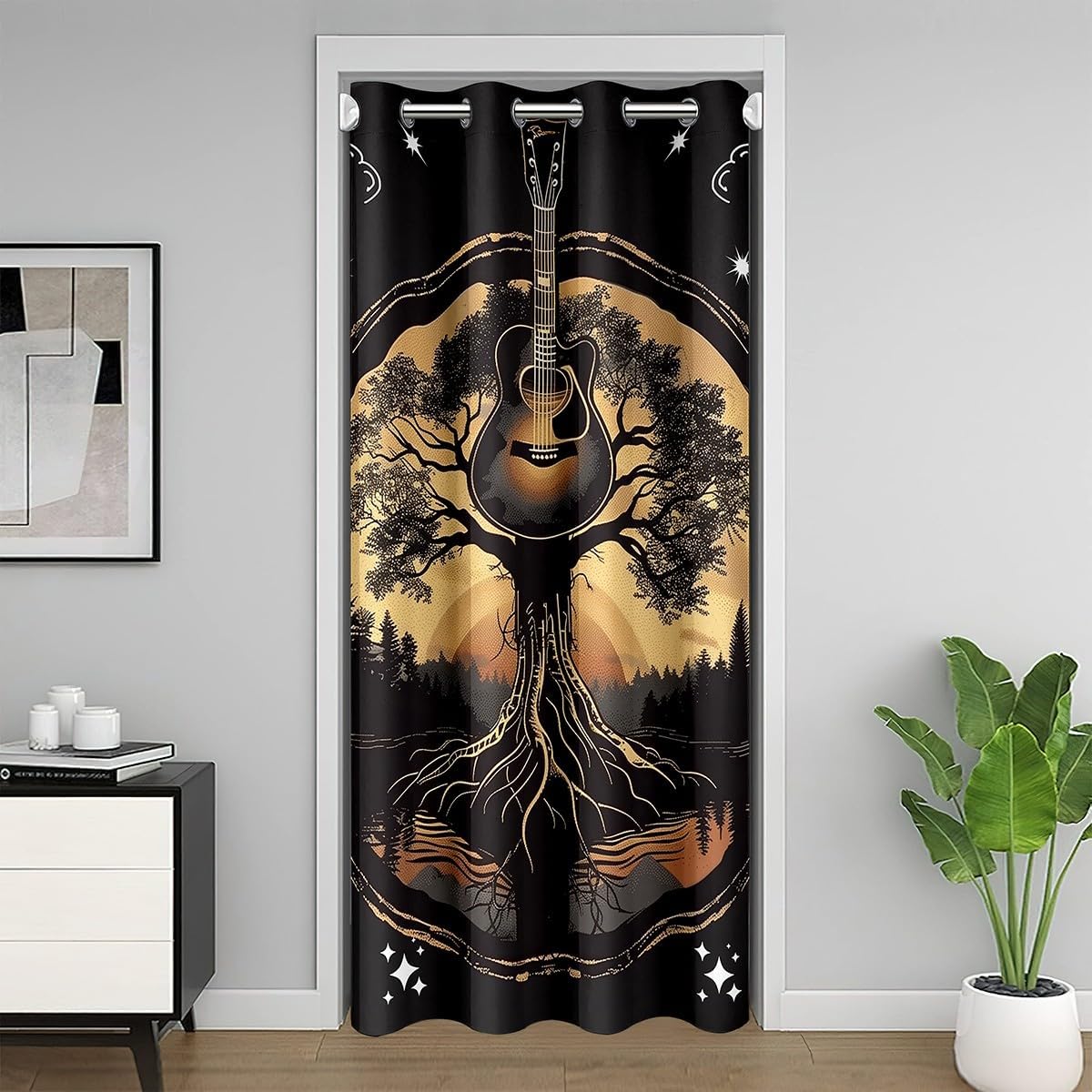 Castle Fairy Life Tree Door Curtain Natural Scenery Blackout Curtain Guitar Musical Instrument Doorway Curtain for Kids Teens Adults Brown Wooden Barn Door Door Drape 52" W X 80" L