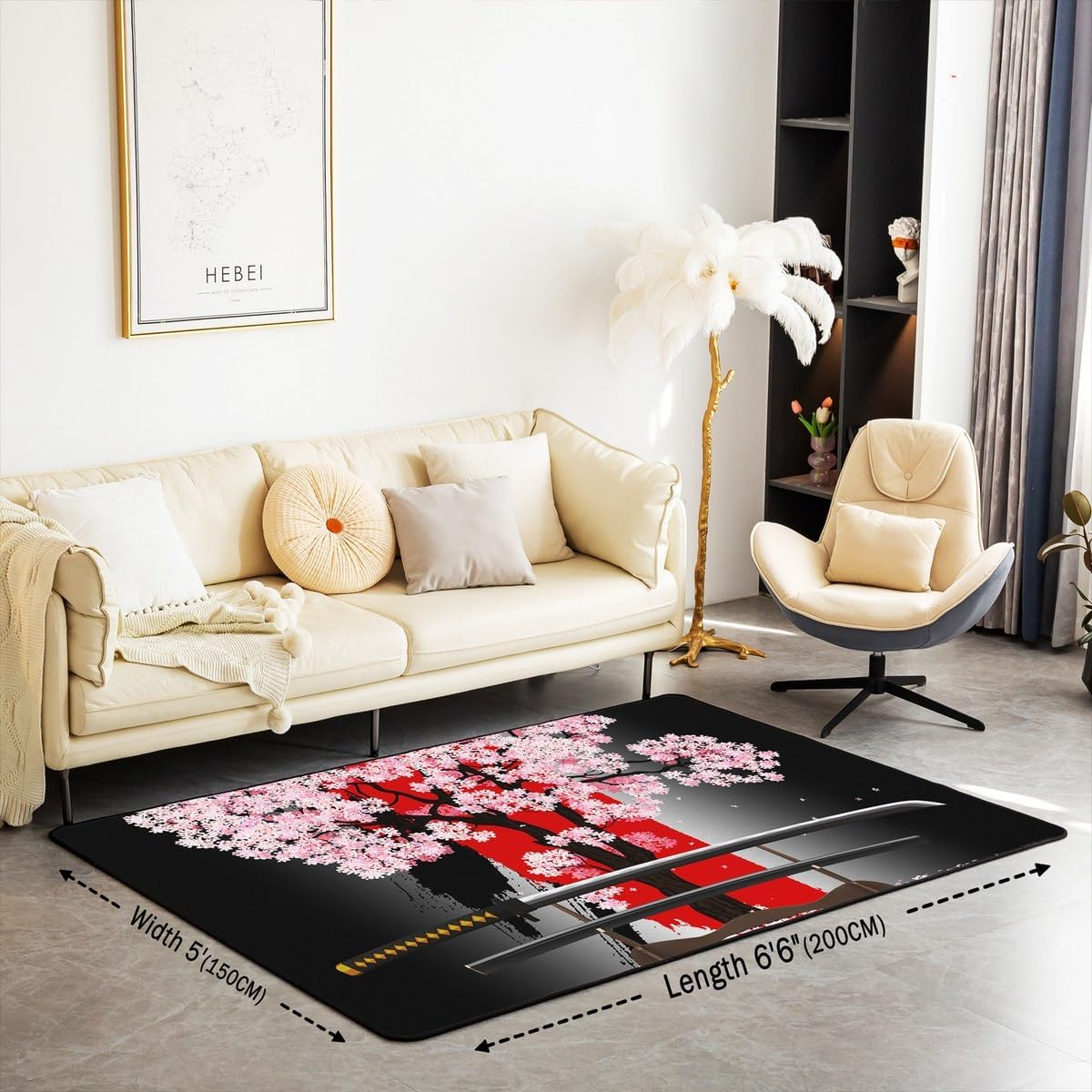 Erosebridal Japanese Style Black Red Area Rug 5x7,Pink Cherry Blossoms Carpet for Kids Teens Youth Adults,Samurai Mask Sword Accent Rug Set Non Shedding Washable Bedroom Living Room Bedside