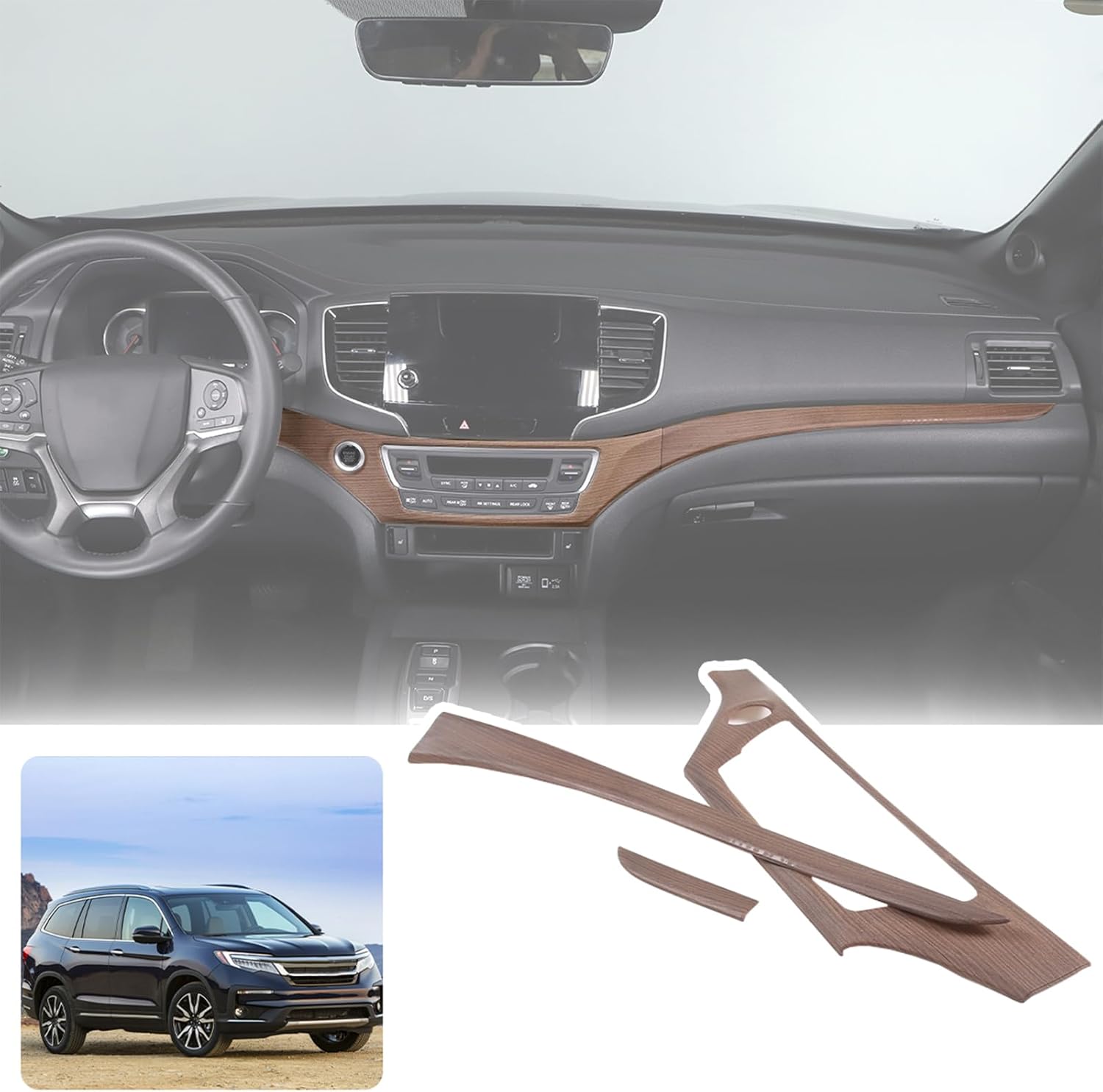 Car ABS Inner Central Console Dashboard Decoration Panel Fit For Honda Pilot 2016-2022 Honda Ridgeline 2017-2023 Honda Passport 2019-2023,Central Console Decoration Panel (Pear Wood Grain)