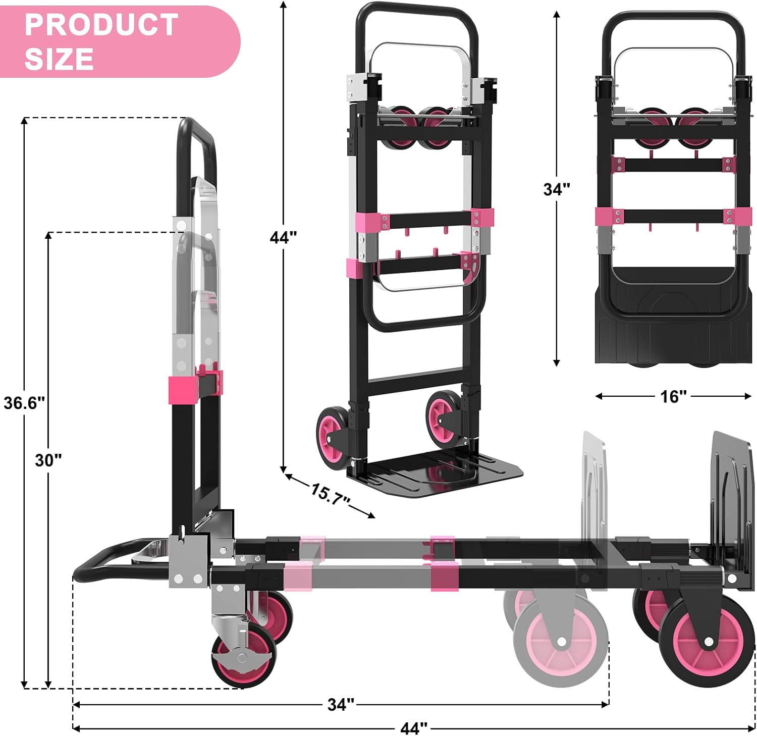 3-in-1 Folding Hand Trucks, 500lbs Convertible Dolly, Dolly Cart with Wheels Heavy Duty, Moving Cart with Retractable Handle, Collapsible Trolley for Moving Office/Home/Warehouse/Boxes/Cartons (Pink)