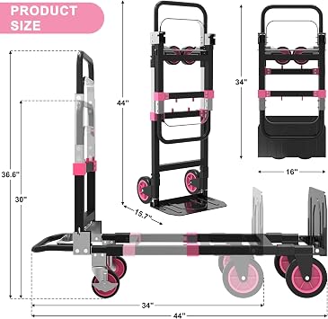 3-in-1 Folding Hand Trucks, 500lbs Convertible Dolly, Dolly Cart with Wheels Heavy Duty, Moving Cart with Retractable Handle, Collapsible Trolley for Moving Office/Home/Warehouse/Boxes/Cartons (Pink)