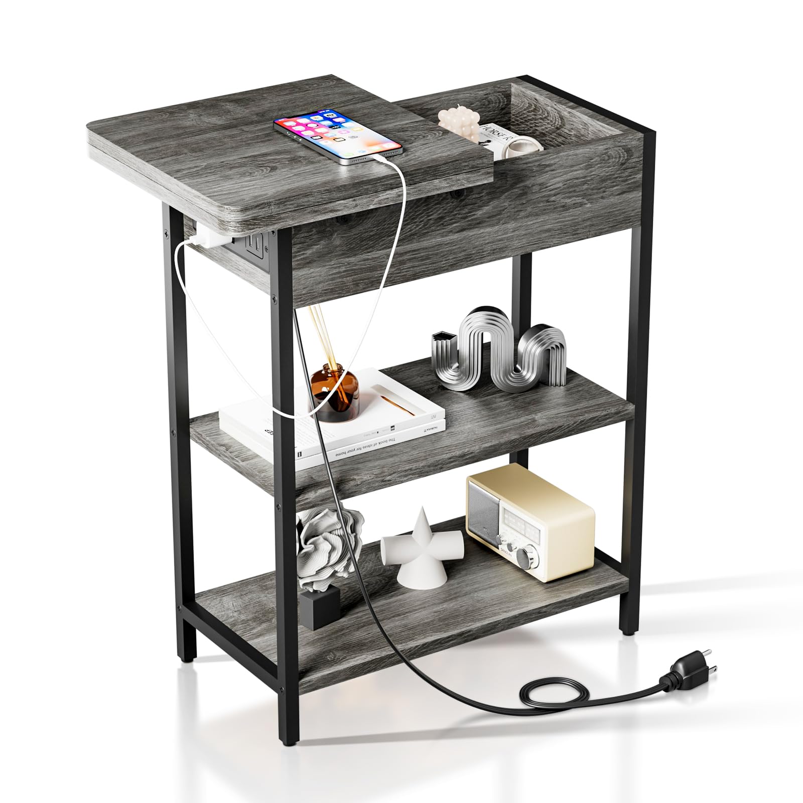 End Table with Charging Station, Narrow Flip Top Side Table with USB Ports and Outlets, Nightstand with Storage for Small Spaces, Bedside Tables for Living Room, Bedroom - Gray