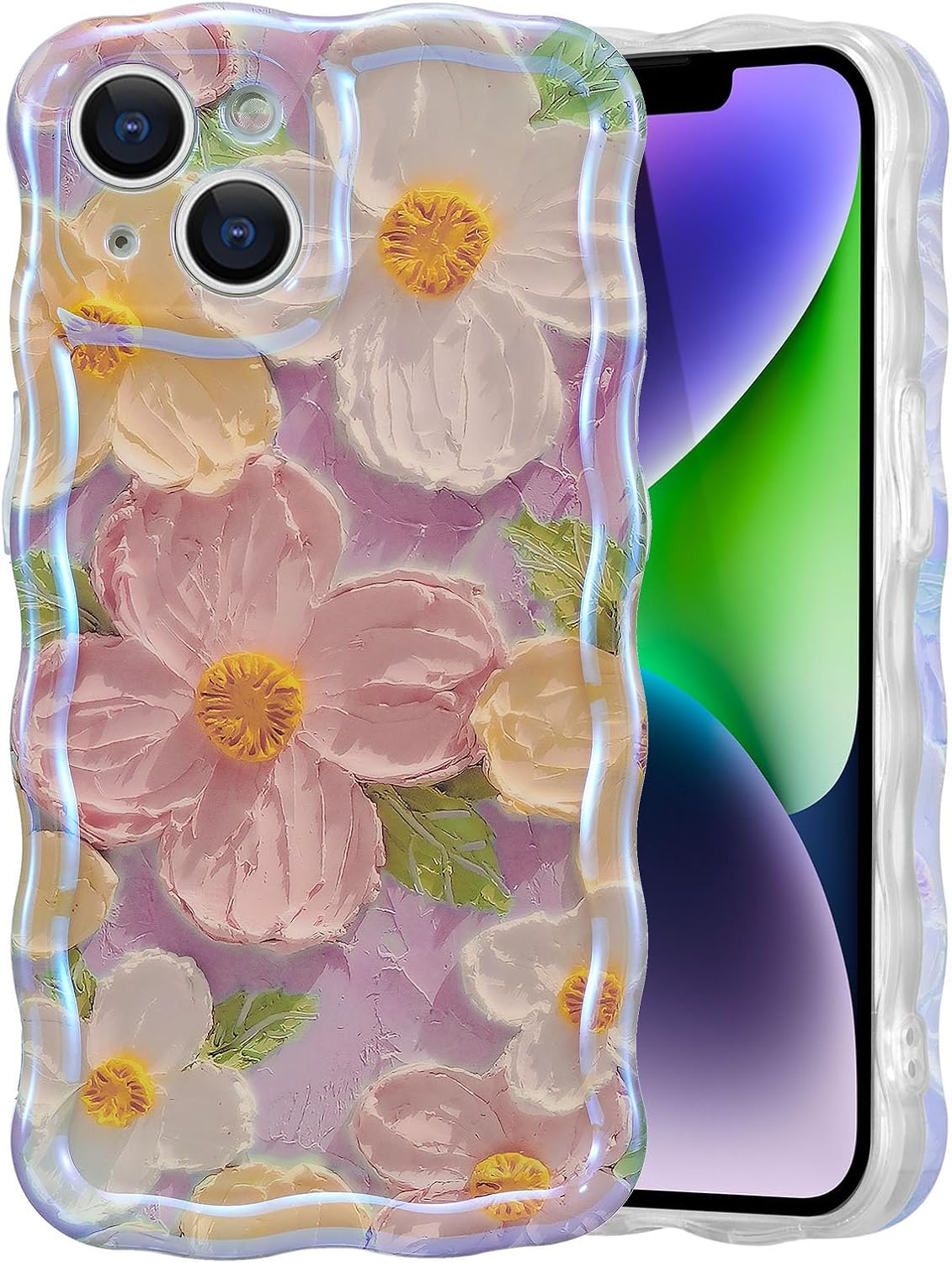 EYZUTAK Case for iPhone 13, Colorful Retro Oil Painting Print Flower, Pink