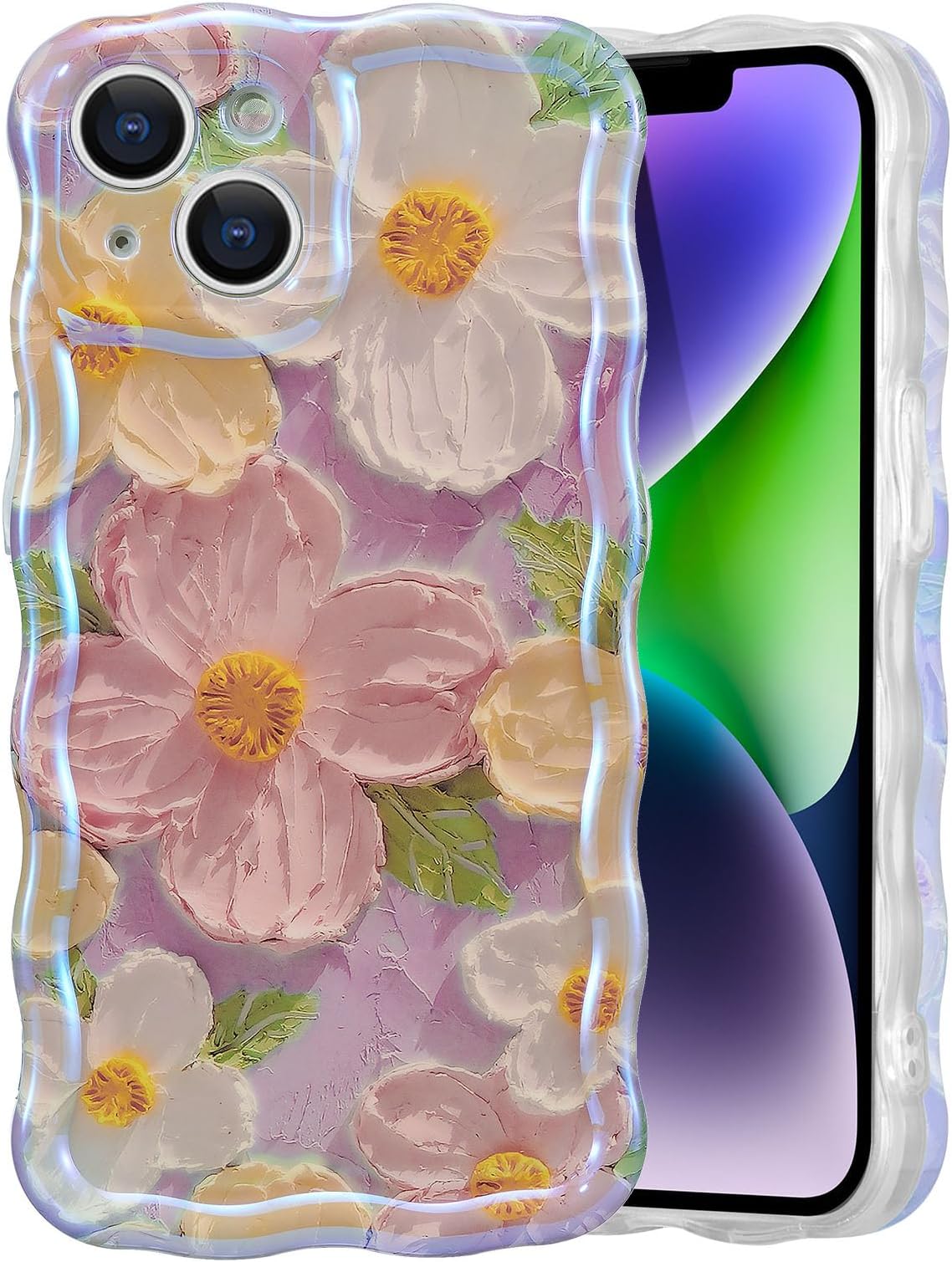 EYZUTAK Case for iPhone 13, Colorful Retro Oil Painting Print Flower, Pink